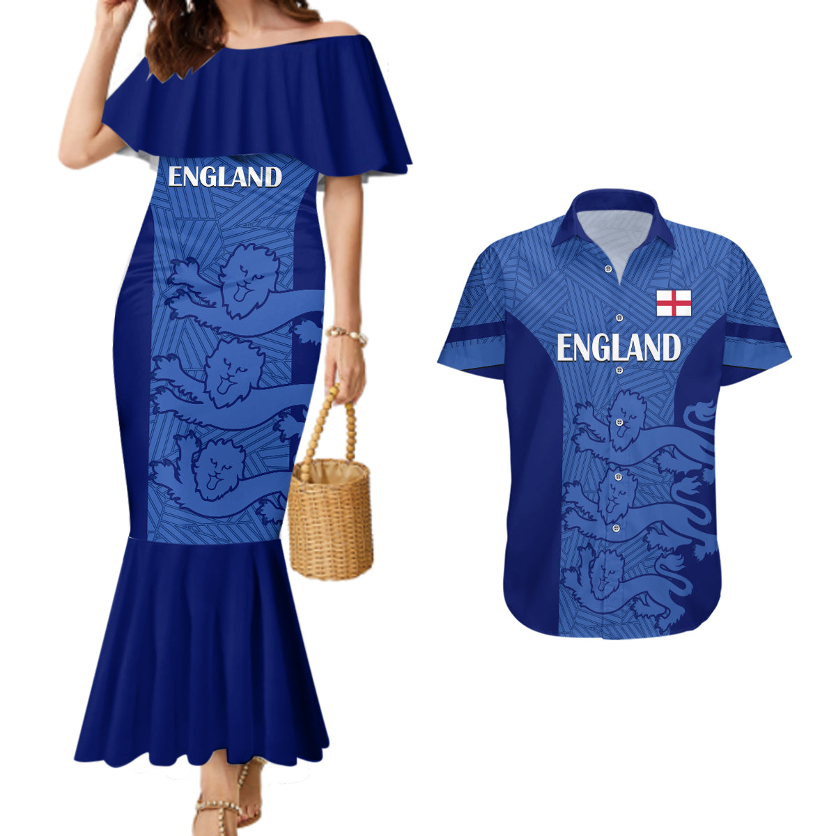 Custom England Football Couples Matching Mermaid Dress and Hawaiian Shirt Go Lionesses 2023 World Cup - Wonder Print Shop