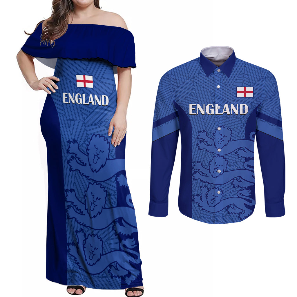 Custom England Football Couples Matching Off Shoulder Maxi Dress and Long Sleeve Button Shirts Go Lionesses 2023 World Cup - Wonder Print Shop