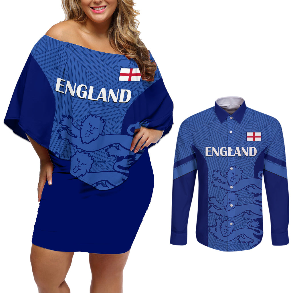 Custom England Football Couples Matching Off Shoulder Short Dress and Long Sleeve Button Shirts Go Lionesses 2023 World Cup - Wonder Print Shop