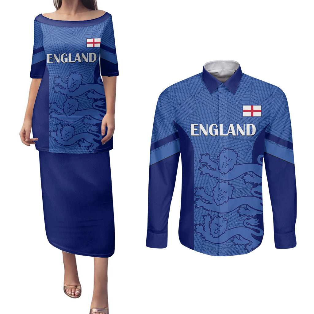 Custom England Football Couples Matching Puletasi Dress and Long Sleeve Button Shirts Go Lionesses 2023 World Cup - Wonder Print Shop