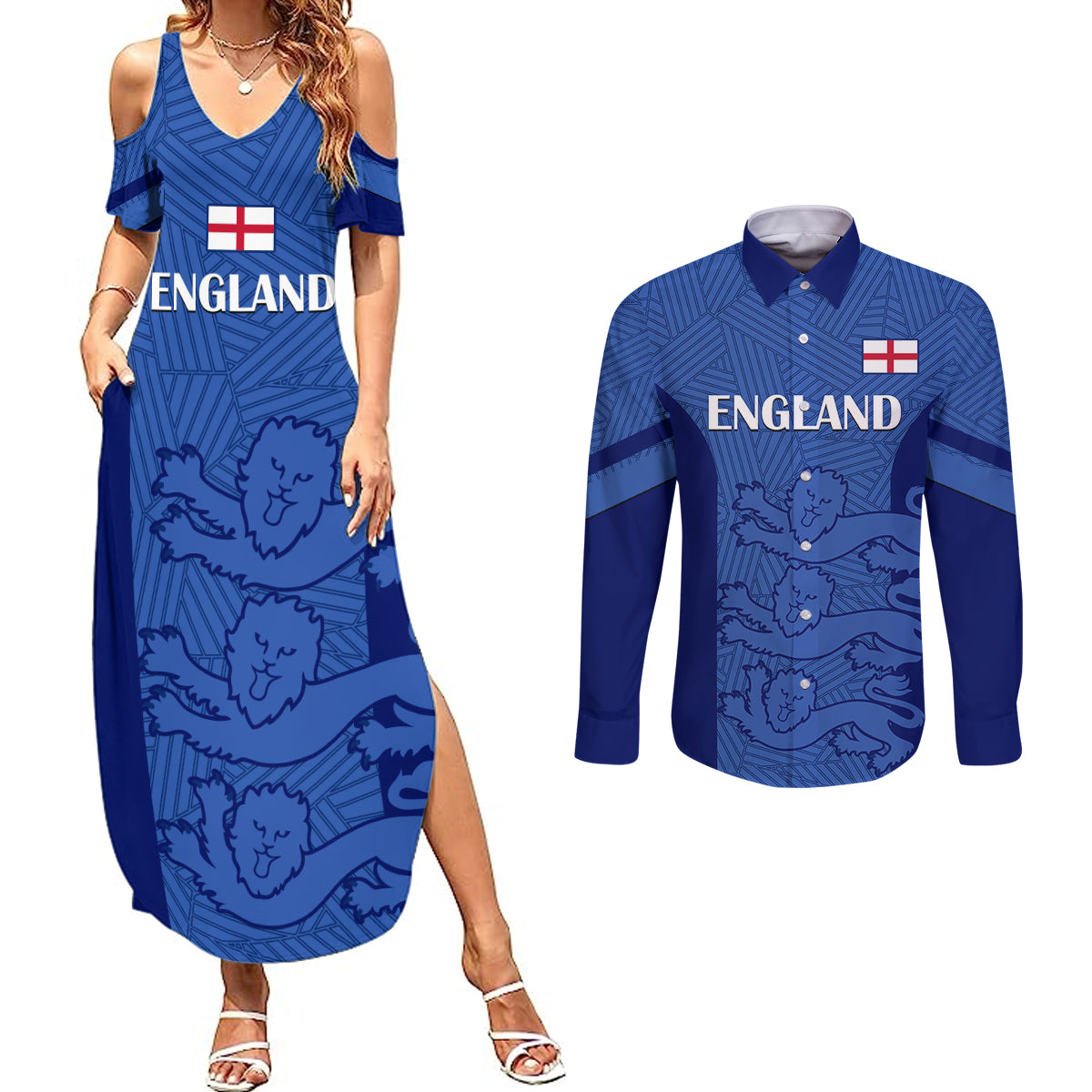 Custom England Football Couples Matching Summer Maxi Dress and Long Sleeve Button Shirts Go Lionesses 2023 World Cup - Wonder Print Shop