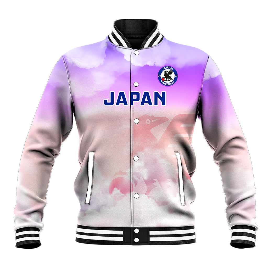 Pastel gradient baseball jacket with ribbed striped collar, front snaps, JAPAN crest and text
