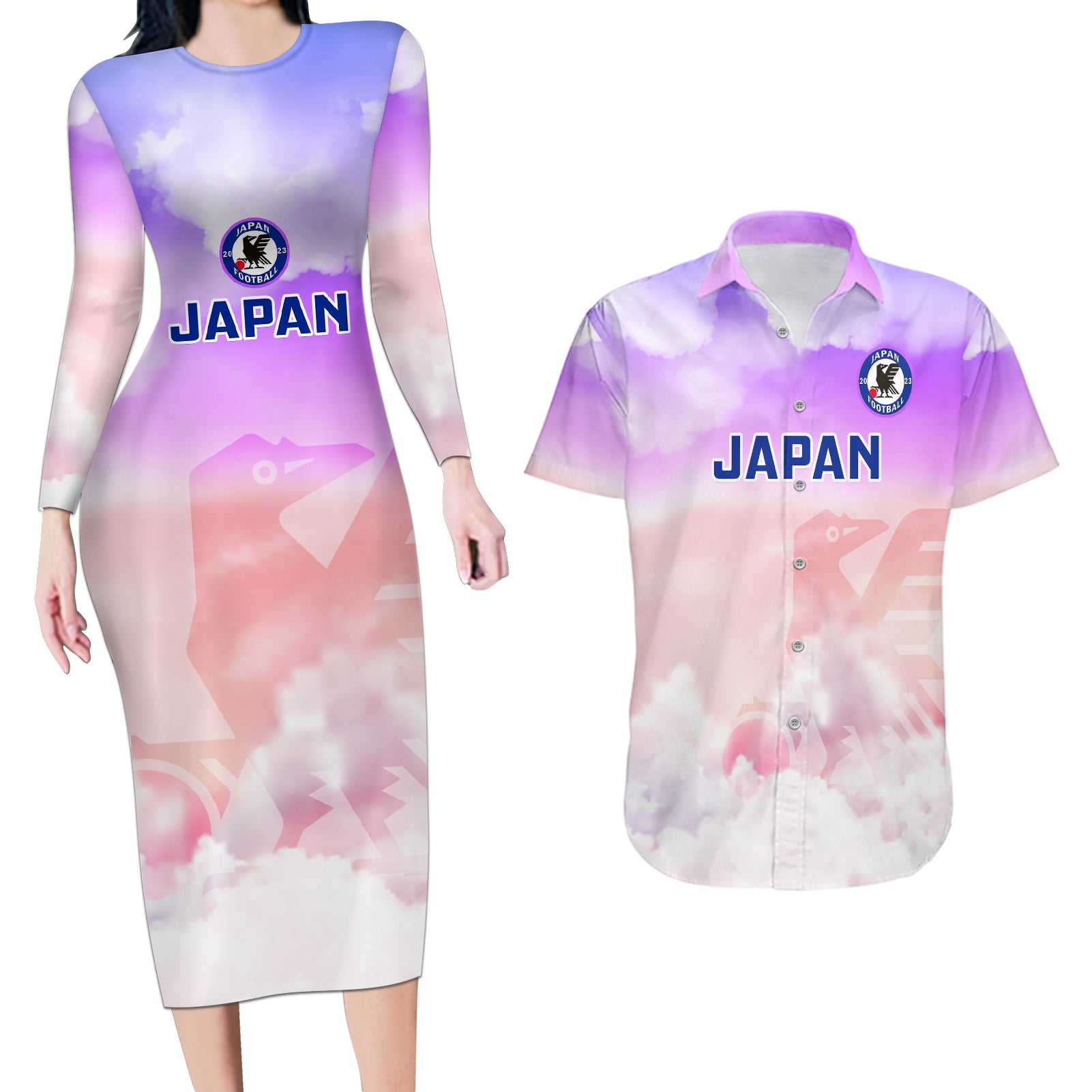 Japan Football Couples Matching Long Sleeve Bodycon Dress and Hawaiian Shirt Go Nadeshiko 2023 World Cup - Wonder Print Shop