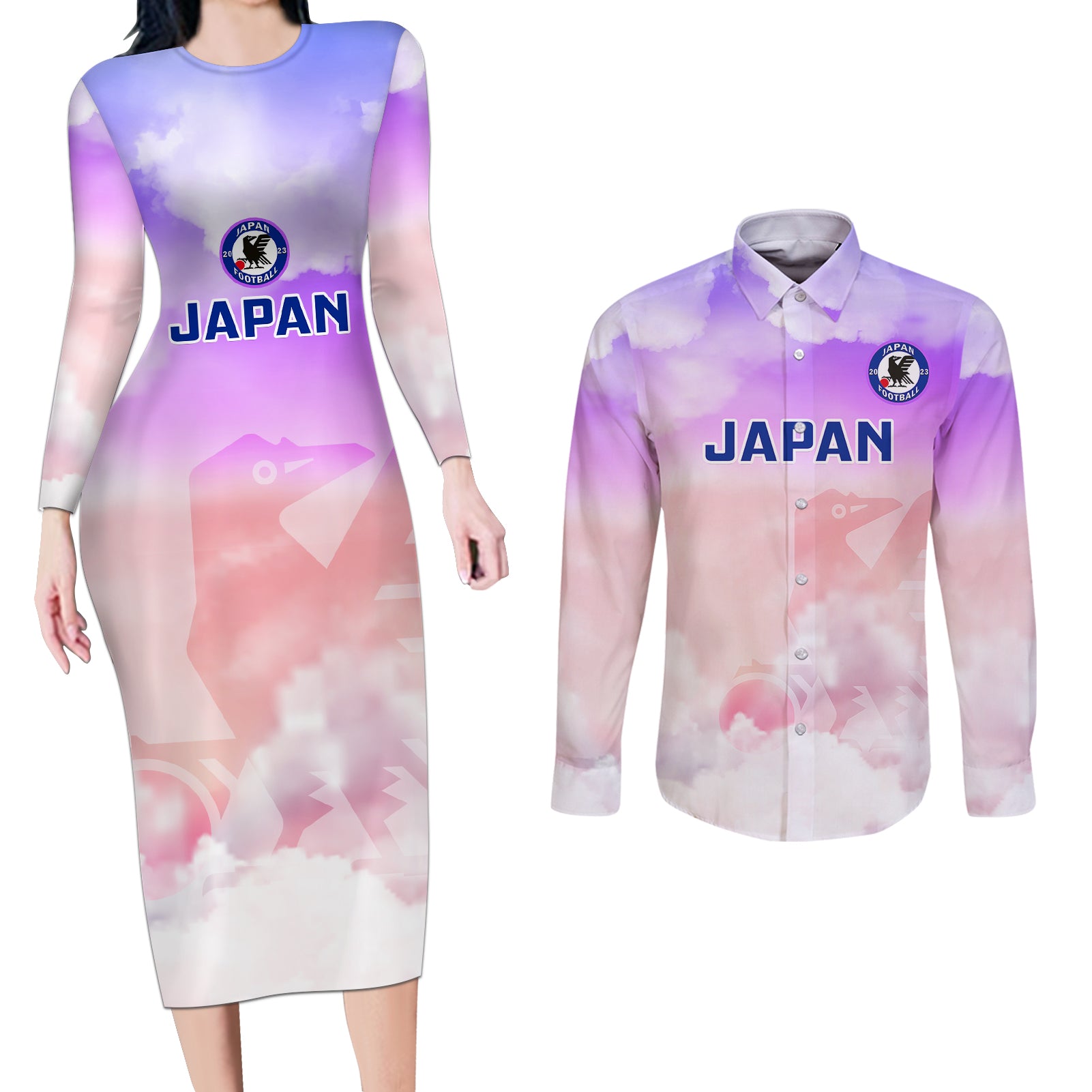 Japan Football Couples Matching Long Sleeve Bodycon Dress and Long Sleeve Button Shirts Go Nadeshiko 2023 World Cup - Wonder Print Shop