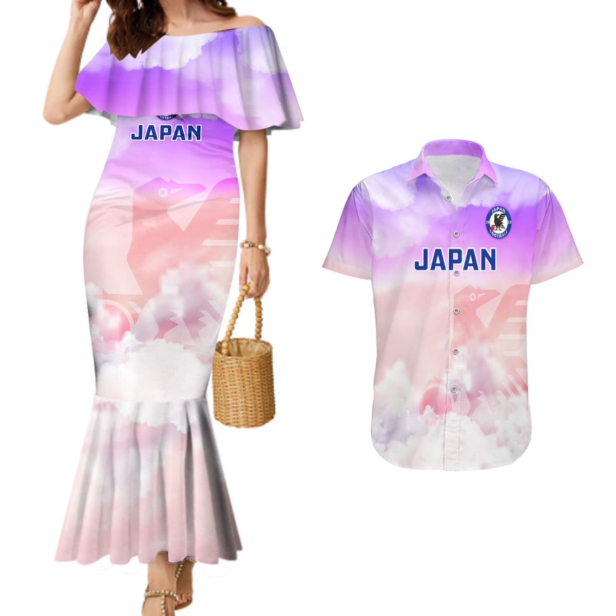 Japan Football Couples Matching Mermaid Dress and Hawaiian Shirt Go Nadeshiko 2023 World Cup - Wonder Print Shop