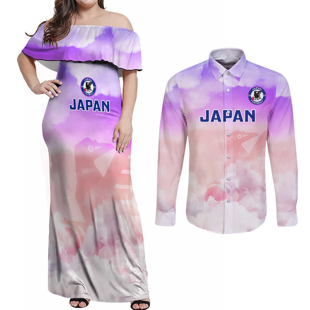 Japan Football Couples Matching Off Shoulder Maxi Dress and Long Sleeve Button Shirts Go Nadeshiko 2023 World Cup - Wonder Print Shop