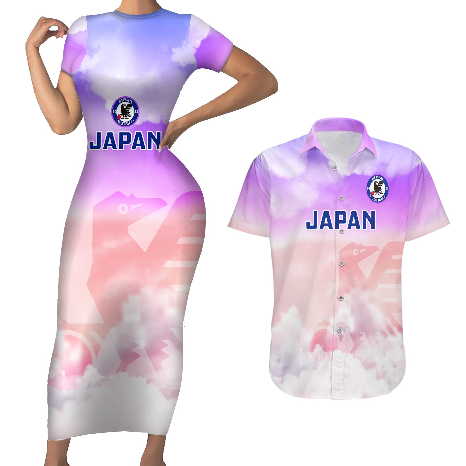 Japan Football Couples Matching Short Sleeve Bodycon Dress and Hawaiian Shirt Go Nadeshiko 2023 World Cup - Wonder Print Shop