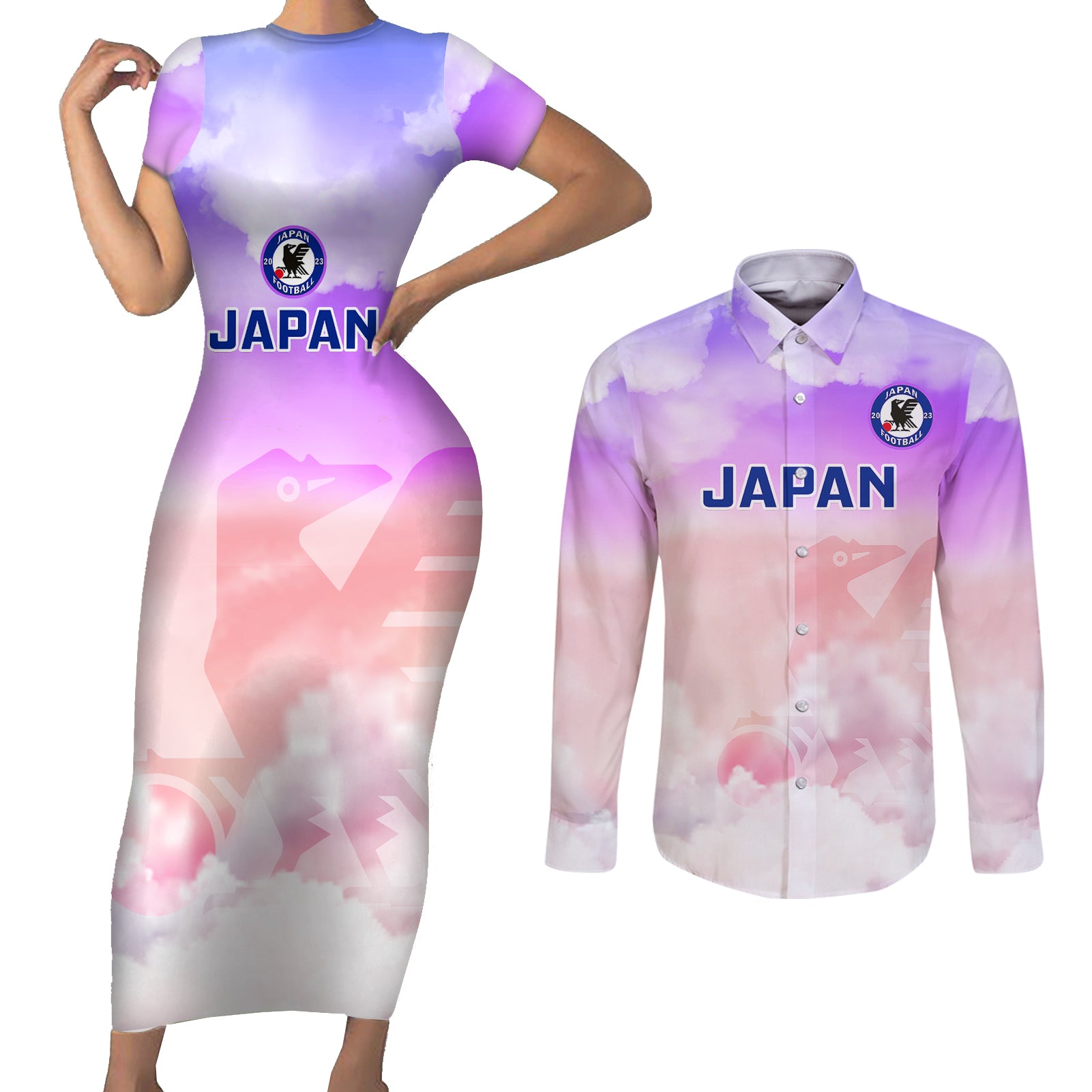 Japan Football Couples Matching Short Sleeve Bodycon Dress and Long Sleeve Button Shirts Go Nadeshiko 2023 World Cup - Wonder Print Shop