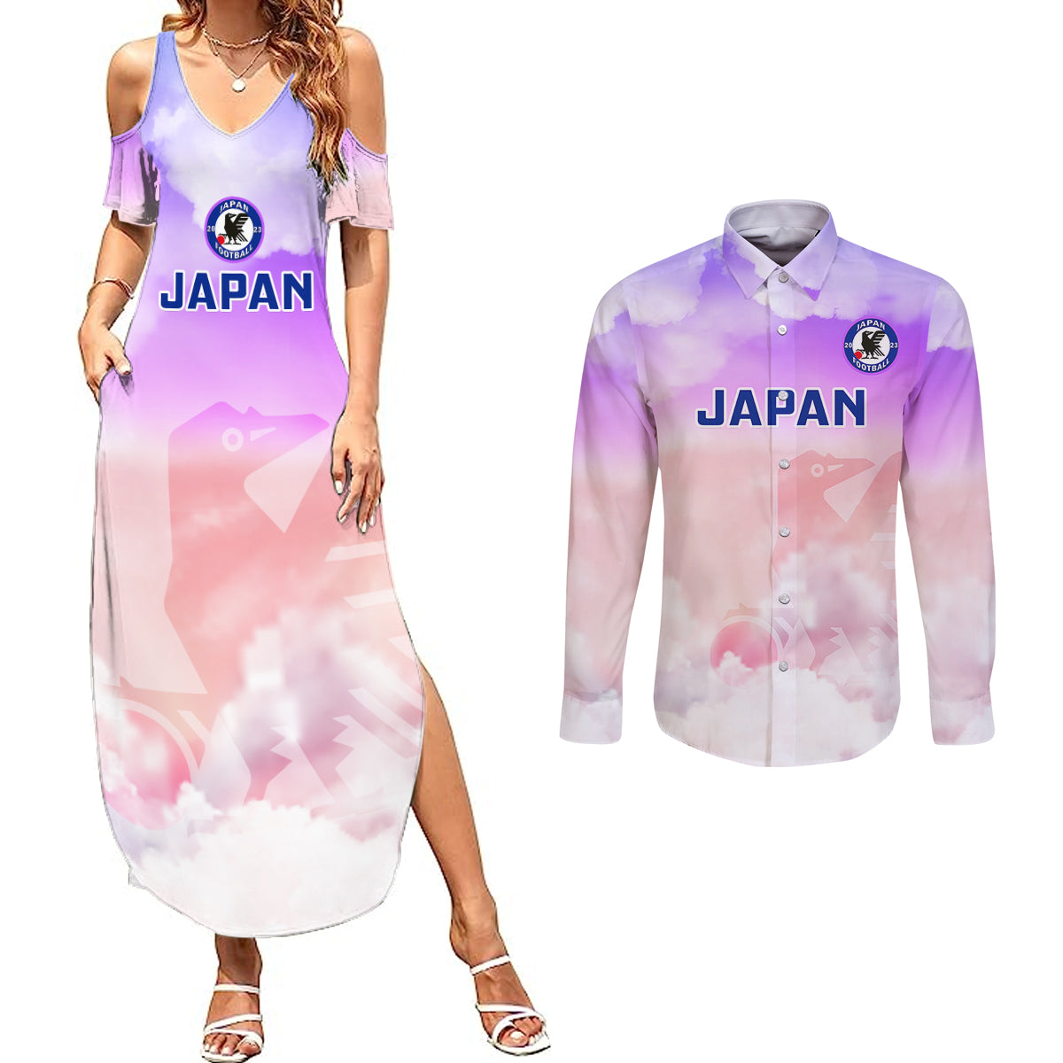 Japan Football Couples Matching Summer Maxi Dress and Long Sleeve Button Shirts Go Nadeshiko 2023 World Cup - Wonder Print Shop