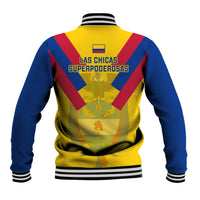 Unisex baseball jacket back with LAS CHICAS SUPERPODEROSAS text, yellow/blue/red diagonal panels