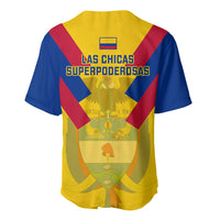 Yellow blue red back Colombia football jersey with "Las Chicas Superpoderosas" text and crest