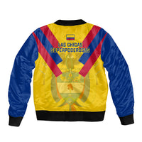 Back of yellow bomber jacket with blue sleeves and red diagonal stripes, graphic crest.
