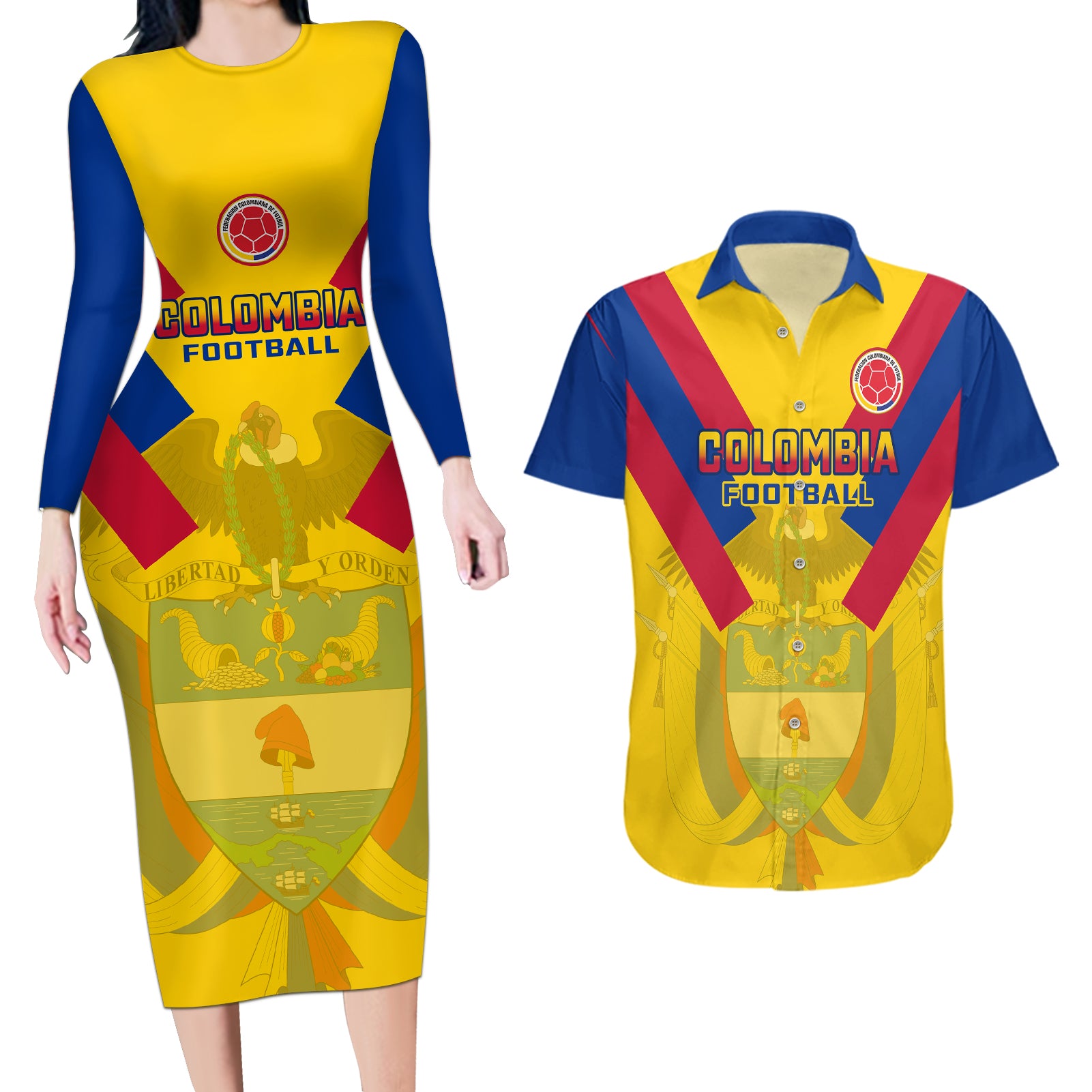 Colombia Football Couples Matching Long Sleeve Bodycon Dress and Hawaiian Shirt Las Chicas Superpoderosas 2023 World Cup - Wonder Print Shop