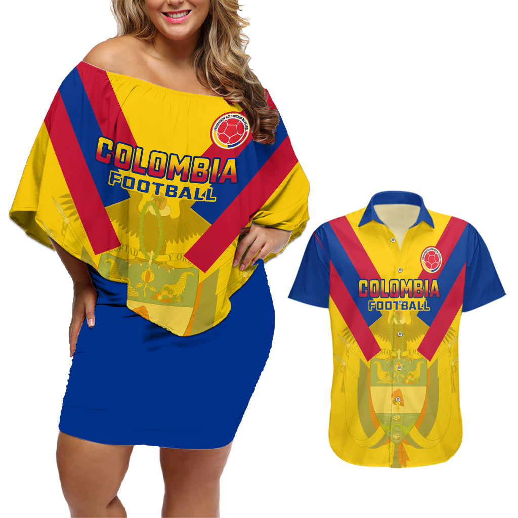 Colombia Football Couples Matching Off Shoulder Short Dress and Hawaiian Shirt Las Chicas Superpoderosas 2023 World Cup - Wonder Print Shop