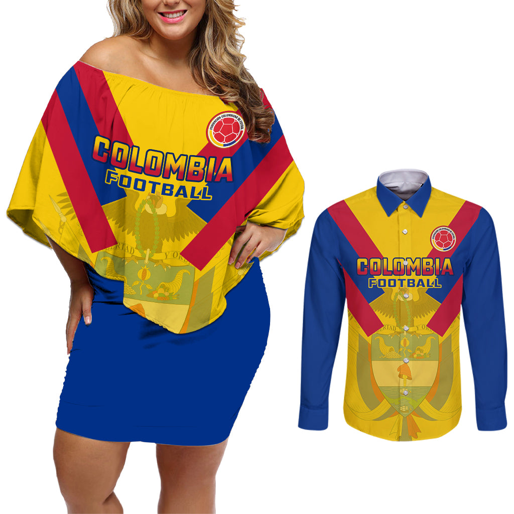 Colombia Football Couples Matching Off Shoulder Short Dress and Long Sleeve Button Shirts Las Chicas Superpoderosas 2023 World Cup - Wonder Print Shop