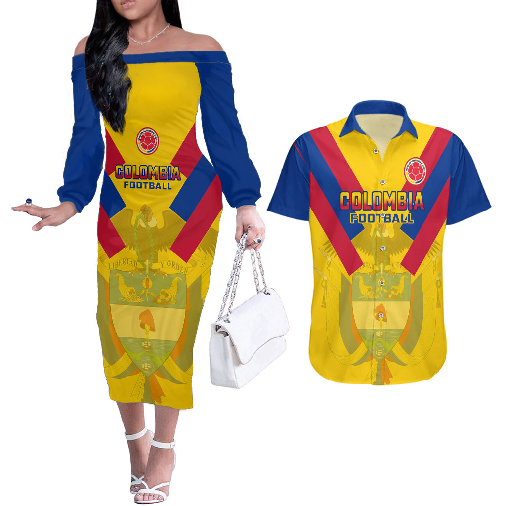 Colombia Football Couples Matching Off The Shoulder Long Sleeve Dress and Hawaiian Shirt Las Chicas Superpoderosas 2023 World Cup - Wonder Print Shop