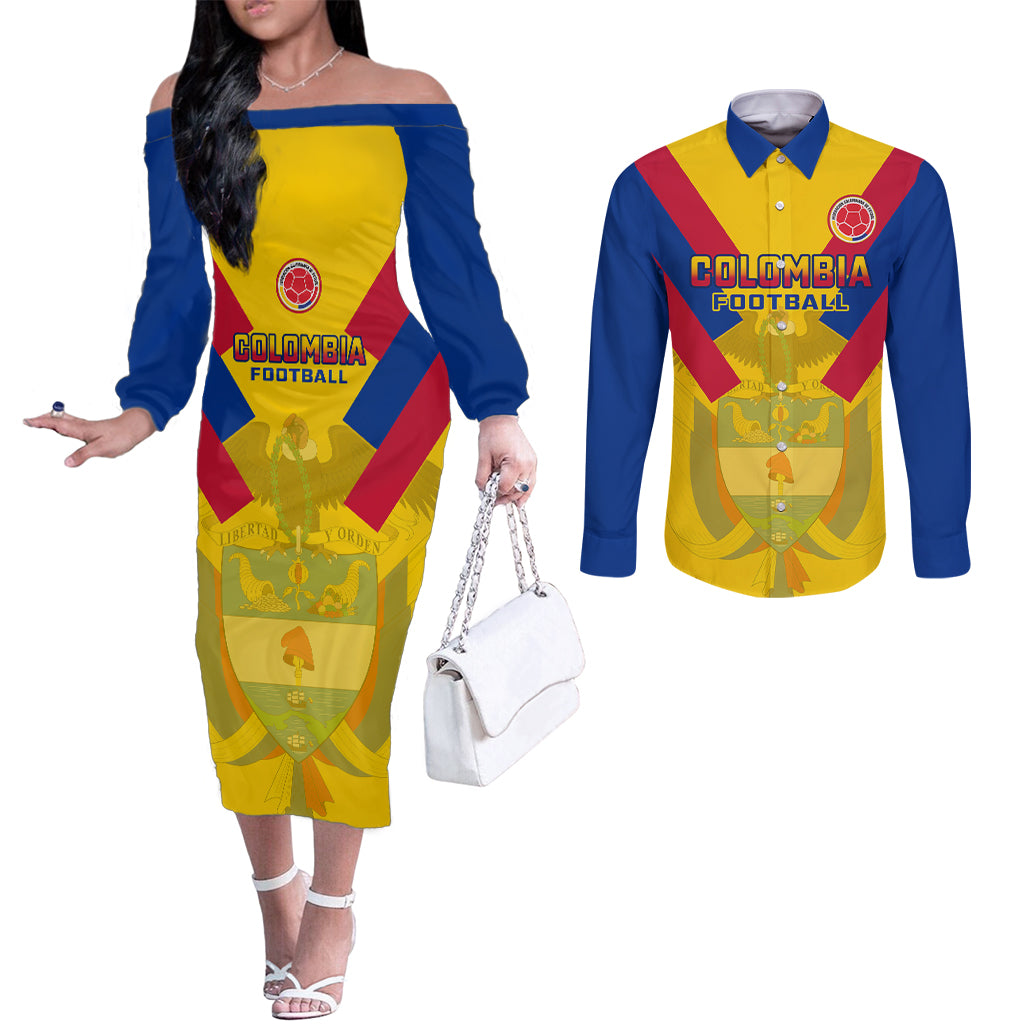 colombia-football-couples-matching-off-the-shoulder-long-sleeve-dress-and-long-sleeve-button-shirts-las-chicas-superpoderosas-2023-world-cup