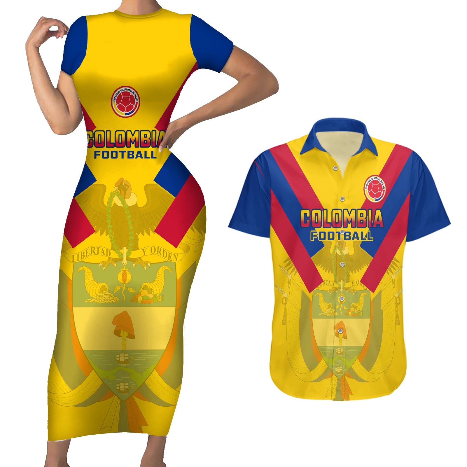 Colombia Football Couples Matching Short Sleeve Bodycon Dress and Hawaiian Shirt Las Chicas Superpoderosas 2023 World Cup - Wonder Print Shop