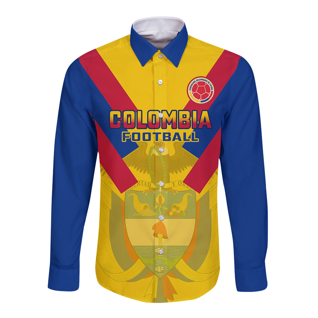 Colombia football long-sleeve button shirt, blue yellow red striped front with crest