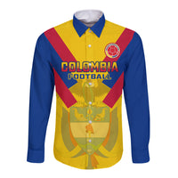 Colombia football long-sleeve button shirt, blue yellow red striped front with crest