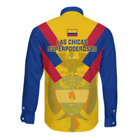 Colombia football long-sleeve button shirt, back view with Las Chicas Superpoderosas print