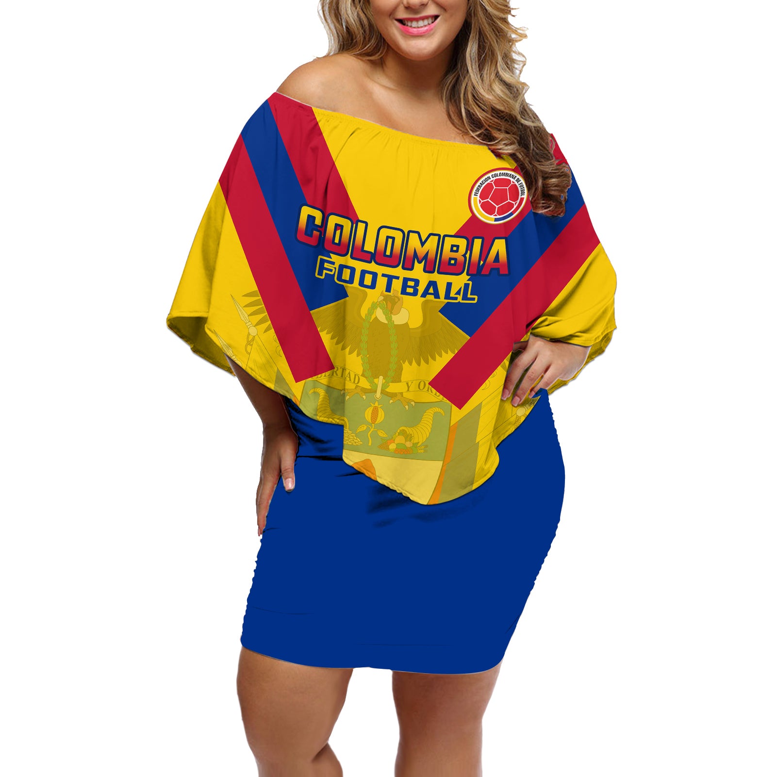 Colombia Football Off Shoulder Short Dress Las Chicas Superpoderosas 2023 World Cup - Wonder Print Shop