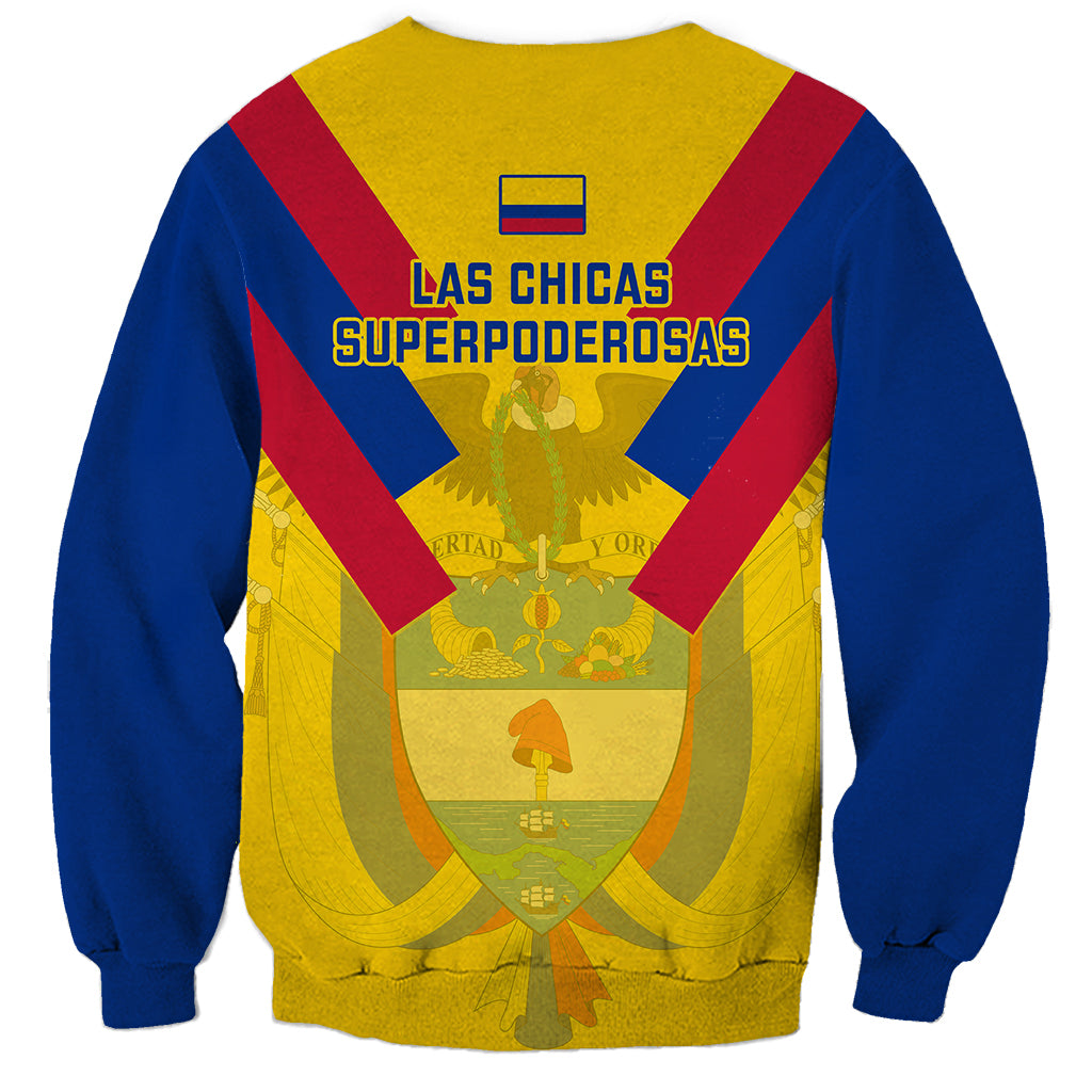 Kids' football sweatshirt back, yellow with blue/red V stripes and “Las Chicas Superpoderosas” text