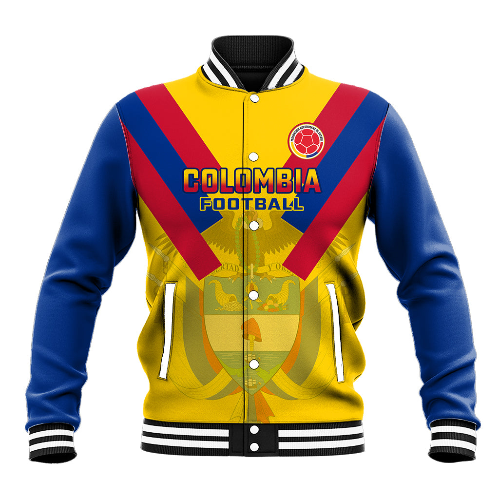 Baseball jacket with yellow body, blue sleeves, red diagonal stripes, ribbed collar, snap front