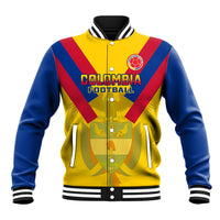 Baseball jacket with yellow body, blue sleeves, red diagonal stripes, ribbed collar, snap front