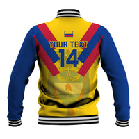 Back baseball jacket with yellow panel, blue sleeves, red diagonal stripes, 'YOUR TEXT 14' graphic
