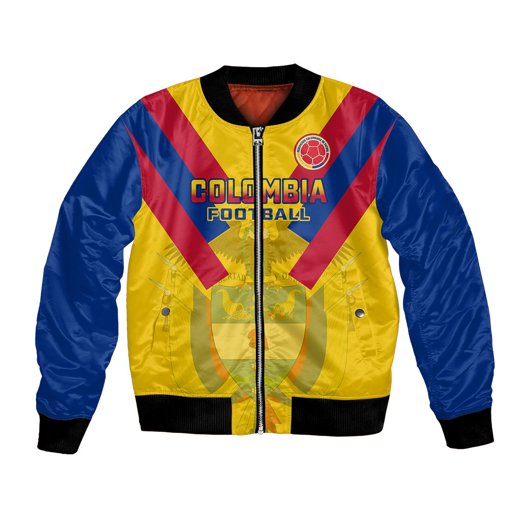 Yellow, blue and red zip-up football bomber jacket with ribbed cuffs and collar