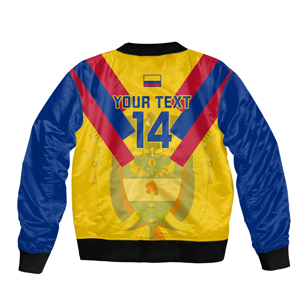 Back of yellow, blue and red football bomber jacket with number 14 and flag patch