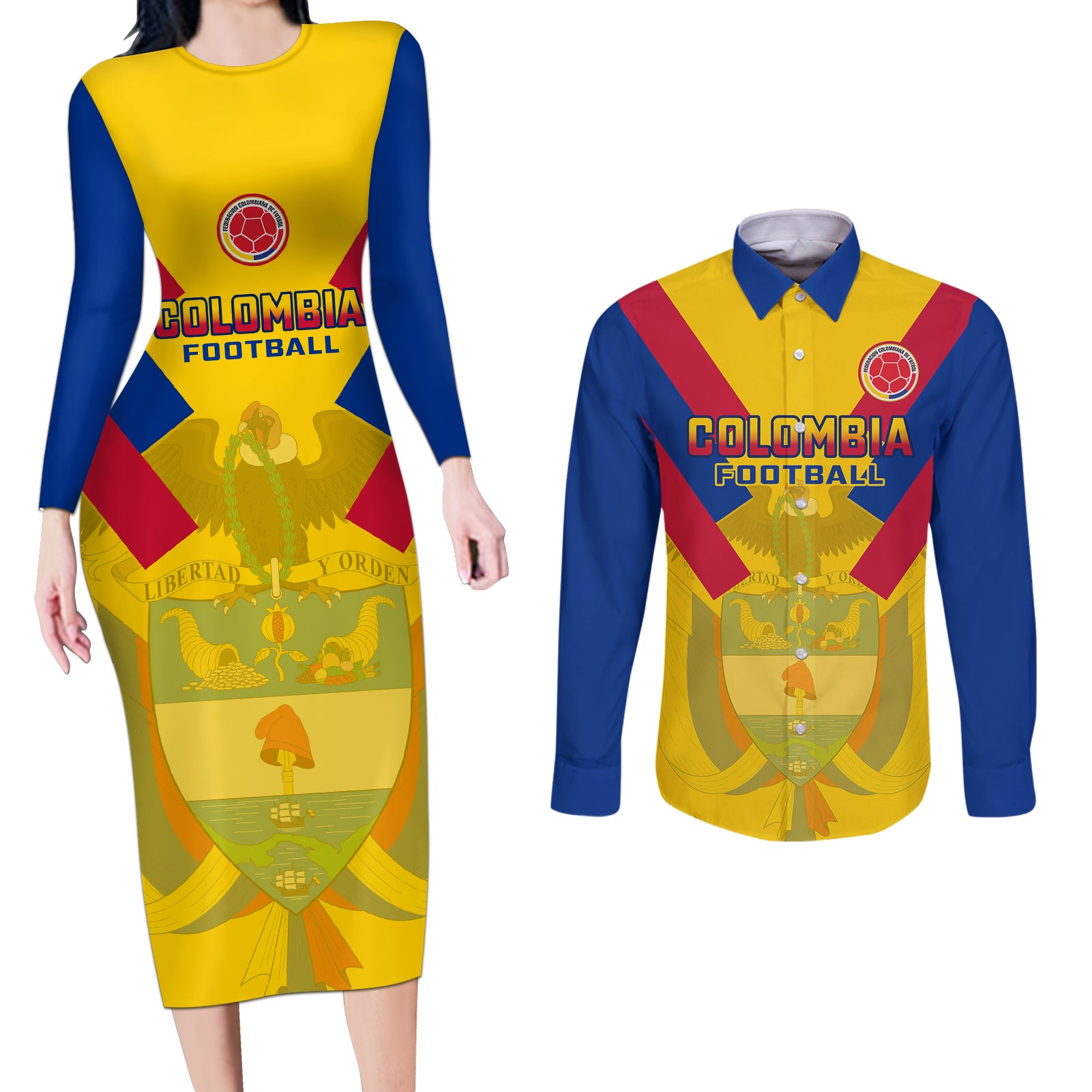 Custom Colombia Football Couples Matching Long Sleeve Bodycon Dress and Long Sleeve Button Shirts Las Chicas Superpoderosas 2023 World Cup - Wonder Print Shop