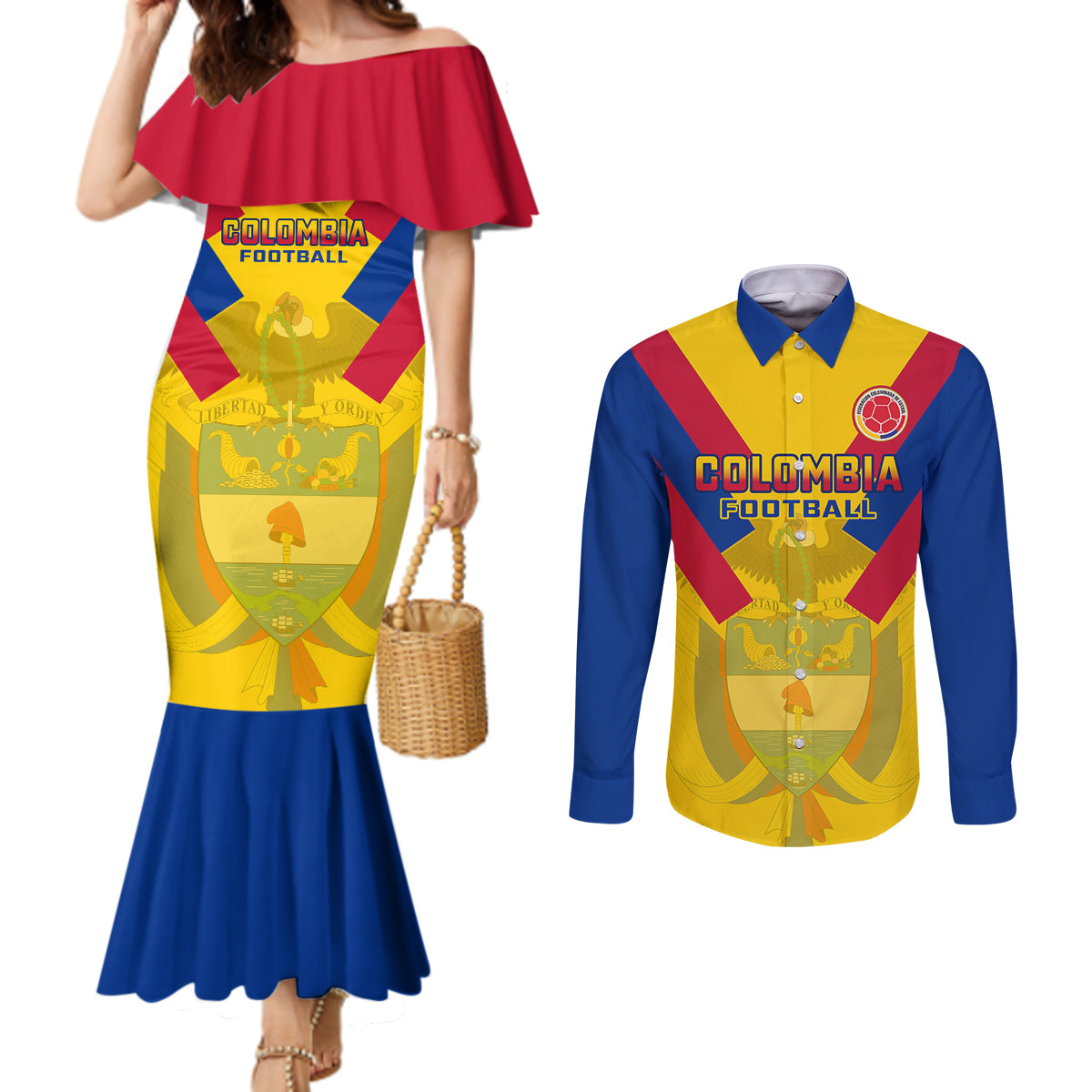 custom-colombia-football-couples-matching-mermaid-dress-and-long-sleeve-button-shirts-las-chicas-superpoderosas-2023-world-cup