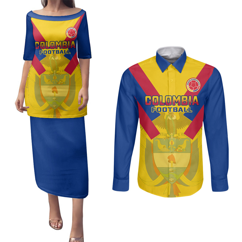 Custom Colombia Football Couples Matching Puletasi Dress and Long Sleeve Button Shirts Las Chicas Superpoderosas 2023 World Cup - Wonder Print Shop