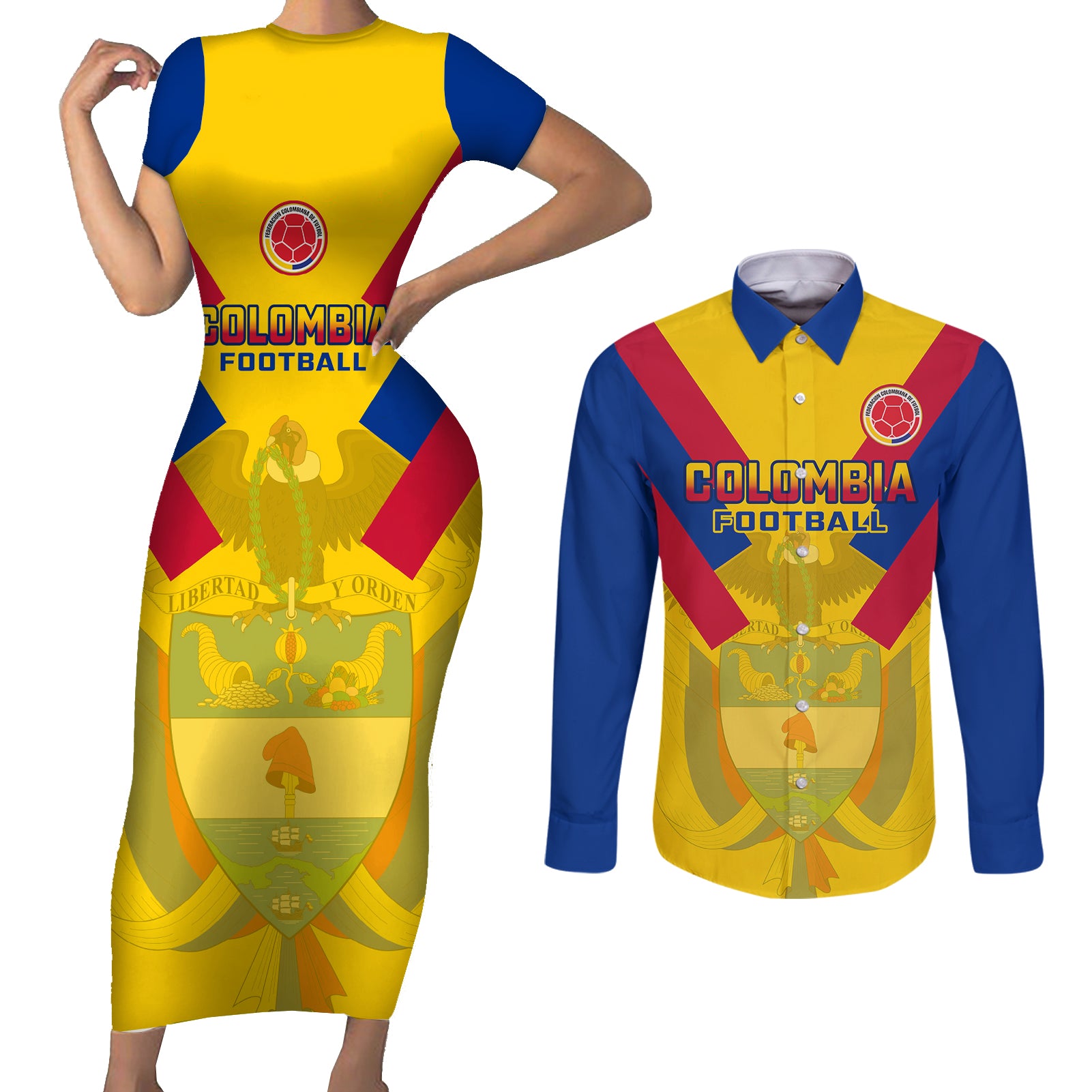 Custom Colombia Football Couples Matching Short Sleeve Bodycon Dress and Long Sleeve Button Shirts Las Chicas Superpoderosas 2023 World Cup - Wonder Print Shop