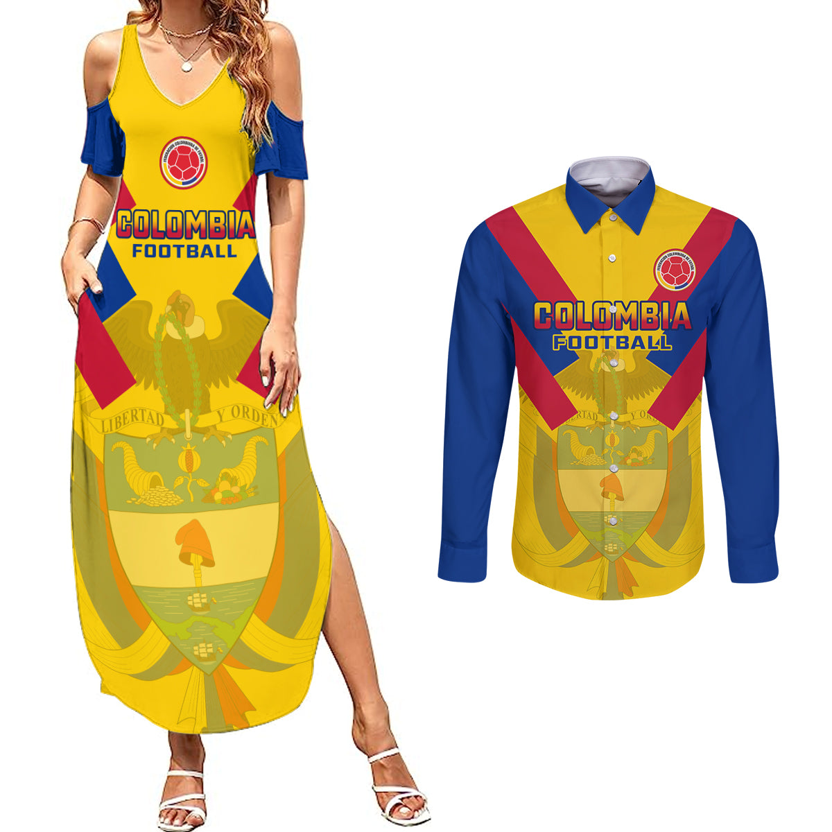 Custom Colombia Football Couples Matching Summer Maxi Dress and Long Sleeve Button Shirts Las Chicas Superpoderosas 2023 World Cup - Wonder Print Shop