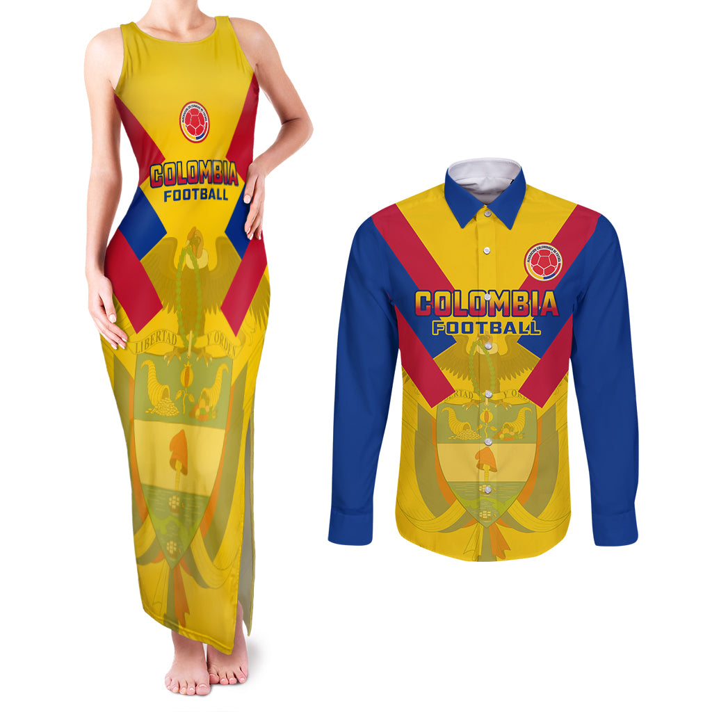 Custom Colombia Football Couples Matching Tank Maxi Dress and Long Sleeve Button Shirts Las Chicas Superpoderosas 2023 World Cup - Wonder Print Shop