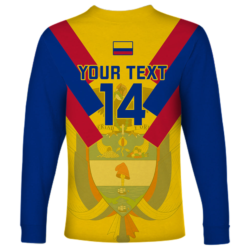 Yellow long-sleeve football shirt back, blue sleeves, red chevrons, flag and '14' print