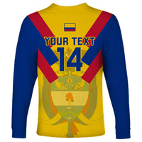 Yellow long-sleeve football shirt back, blue sleeves, red chevrons, flag and '14' print