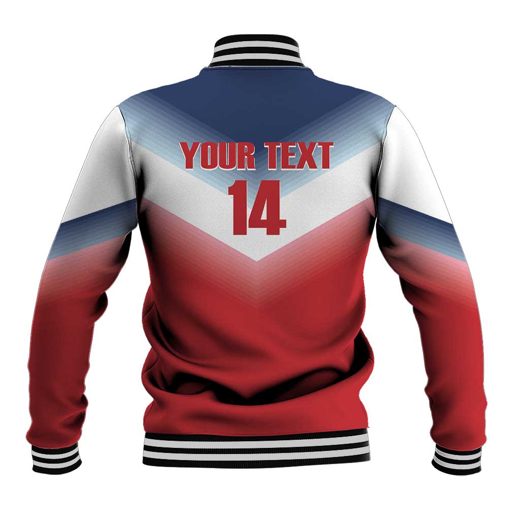 Red, blue and white rugby baseball jacket with back number 14, striped collar and rib cuffs