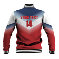 Red, blue and white rugby baseball jacket with back number 14, striped collar and rib cuffs