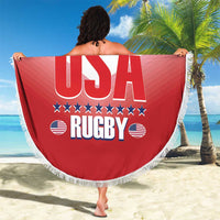 Round USA Rugby beach blanket with fringe, held up to show USA Rugby logo and 'YOUR TEXT'.