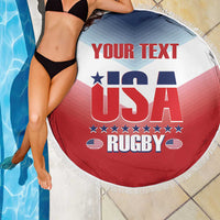 Round USA Rugby beach blanket with fringe, 'YOUR TEXT' over red white and blue logo.