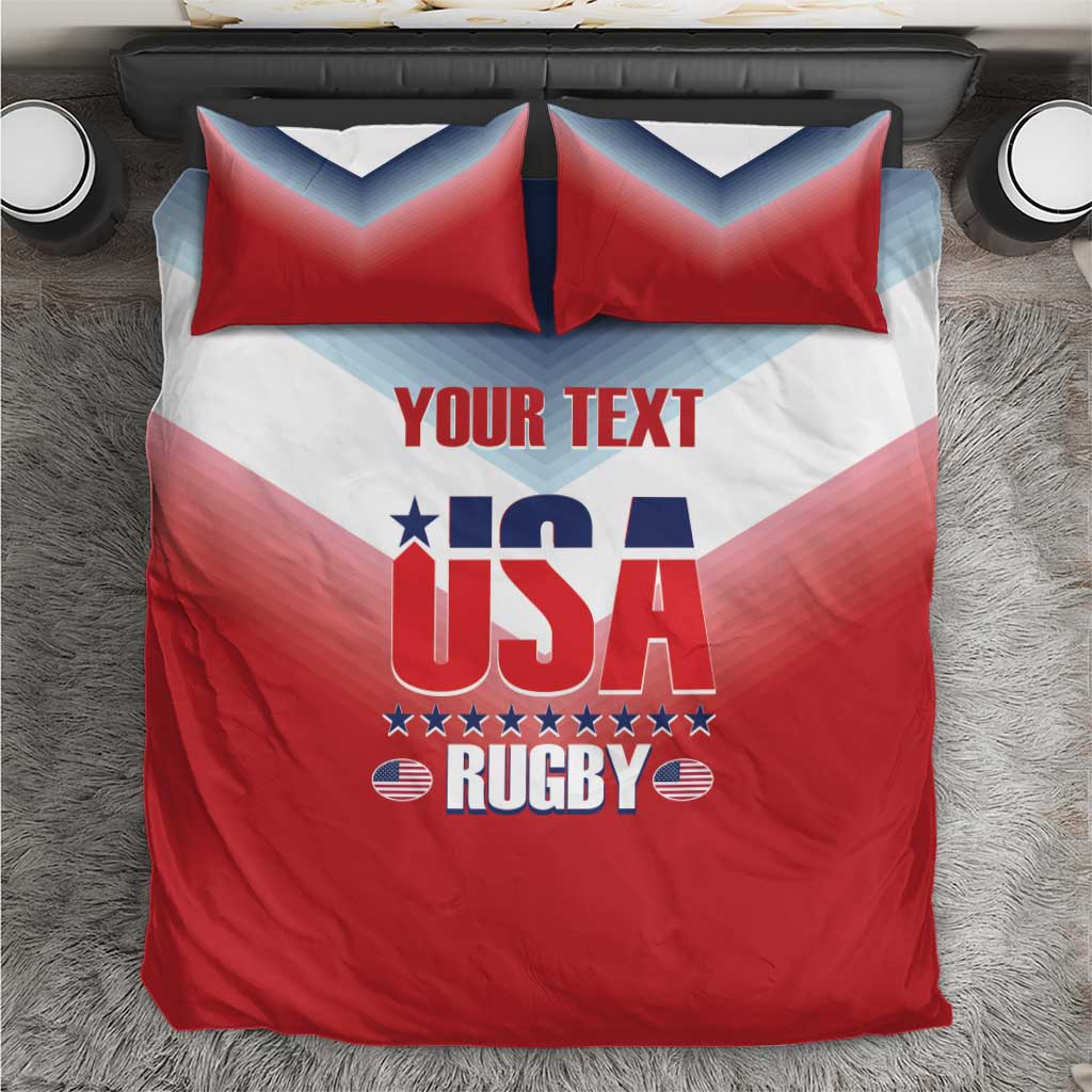 USA rugby bedding set with red graphic duvet, 'YOUR TEXT' center, and two pillows