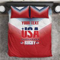 USA rugby bedding set with red graphic duvet, 'YOUR TEXT' center, and two pillows