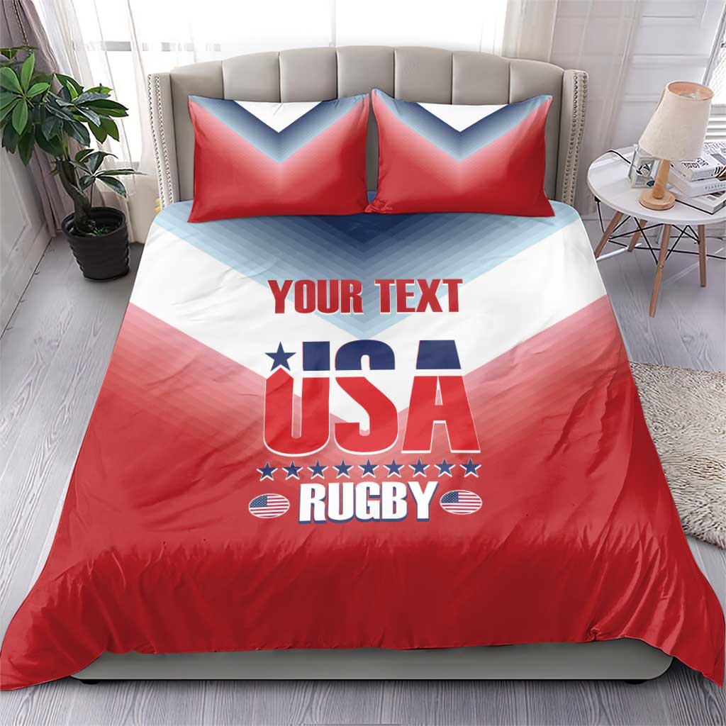Red, white and blue USA rugby duvet with 'YOUR TEXT' and two matching pillows