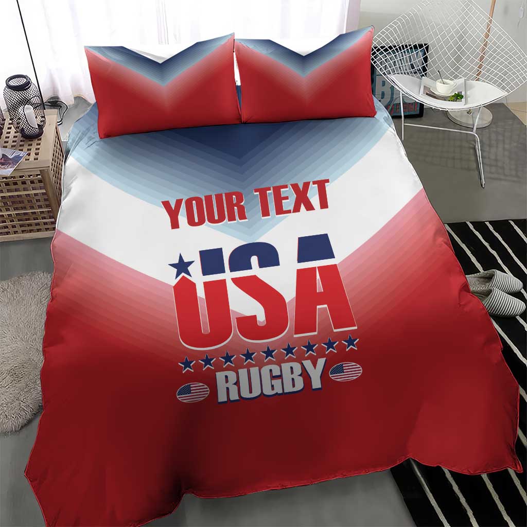 Red and white USA rugby bedding set with large 'YOUR TEXT' print and pillows