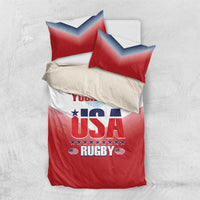 Red, white and blue USA rugby bedding set with matching pillows and graphic logo