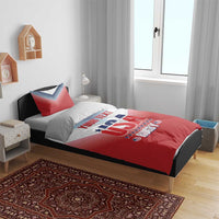 USA rugby bedding set with red duvet featuring 'YOUR TEXT' and 'USA' logo